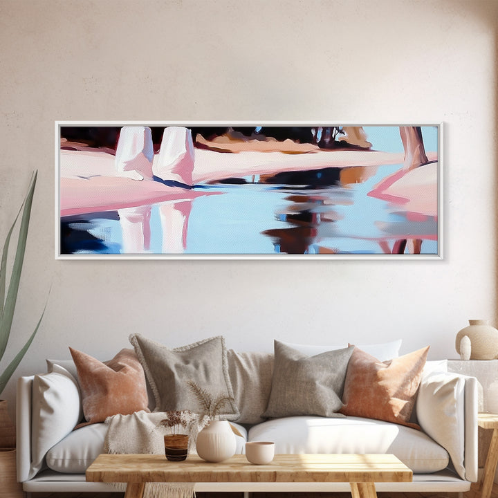 Riverbank, Water Reflections, Tranquil Scene, Framed Canvas Print, Serene Wall Art, Zen Home Decor, Neutral Landscape, Modern