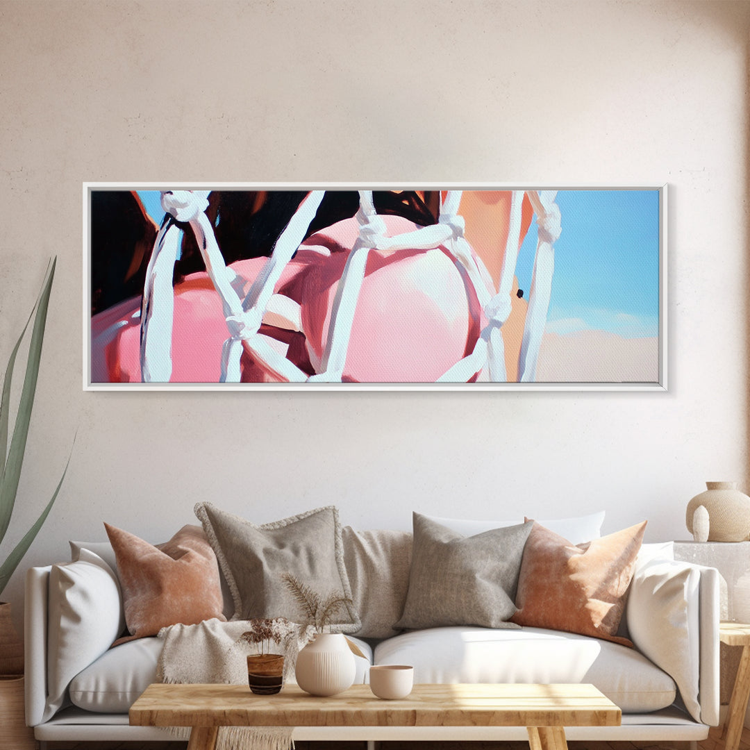 Rope Swing, Woman in Pink, Sunlit Sky, Framed Canvas Print, Summer Wall Art, Minimalist Decor, Feminine Aesthetic, Boho Art