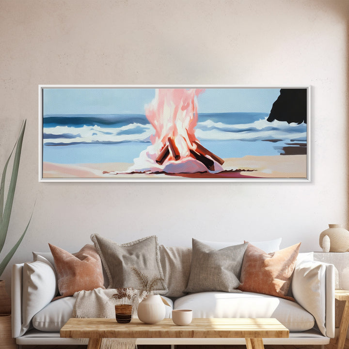 Beach Bonfire, Ocean Fire, Coastal Campfire, Framed Canvas Print, Seaside Night Art, Relaxing Summer Scene, Nautical Wall Decor