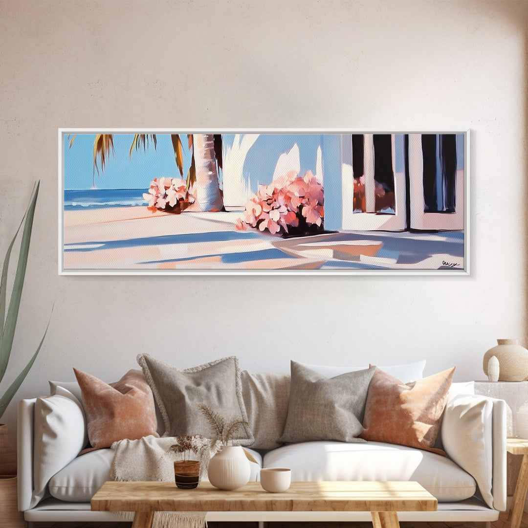 Beachfront Patio, Coastal Home, Ocean View Art, Framed Canvas Print, Seaside Decor, Summer House Aesthetic, Serene Wall Artwork