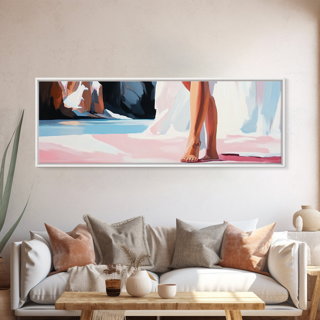 Barefoot Woman, Flowing Pink Dress, Water Reflection, Canvas Print, Feminine Wall Art, Elegant Bedroom Decor, Soft Pastel Aesthetic