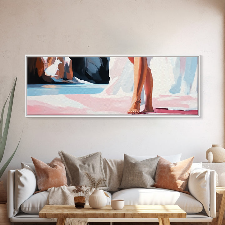 Barefoot Woman, Flowing Pink Dress, Water Reflection, Canvas Print, Feminine Wall Art, Elegant Bedroom Decor, Soft Pastel Aesthetic