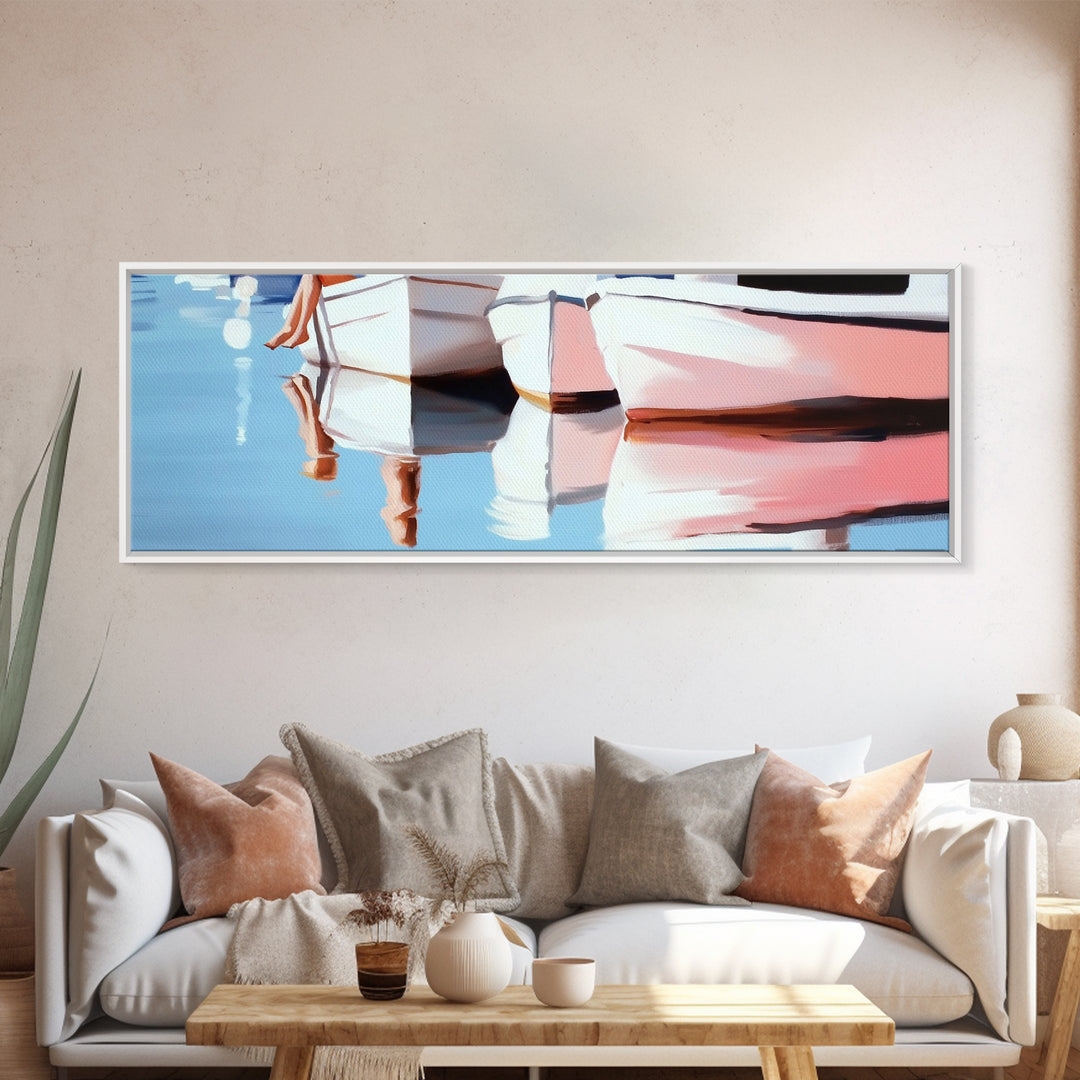 Boats, Reflection, Soft Pastel Aesthetic, Canvas Print, Nautical Wall Art, Minimalist Home Decor, Living Room Accent, Calm Coastal Scene