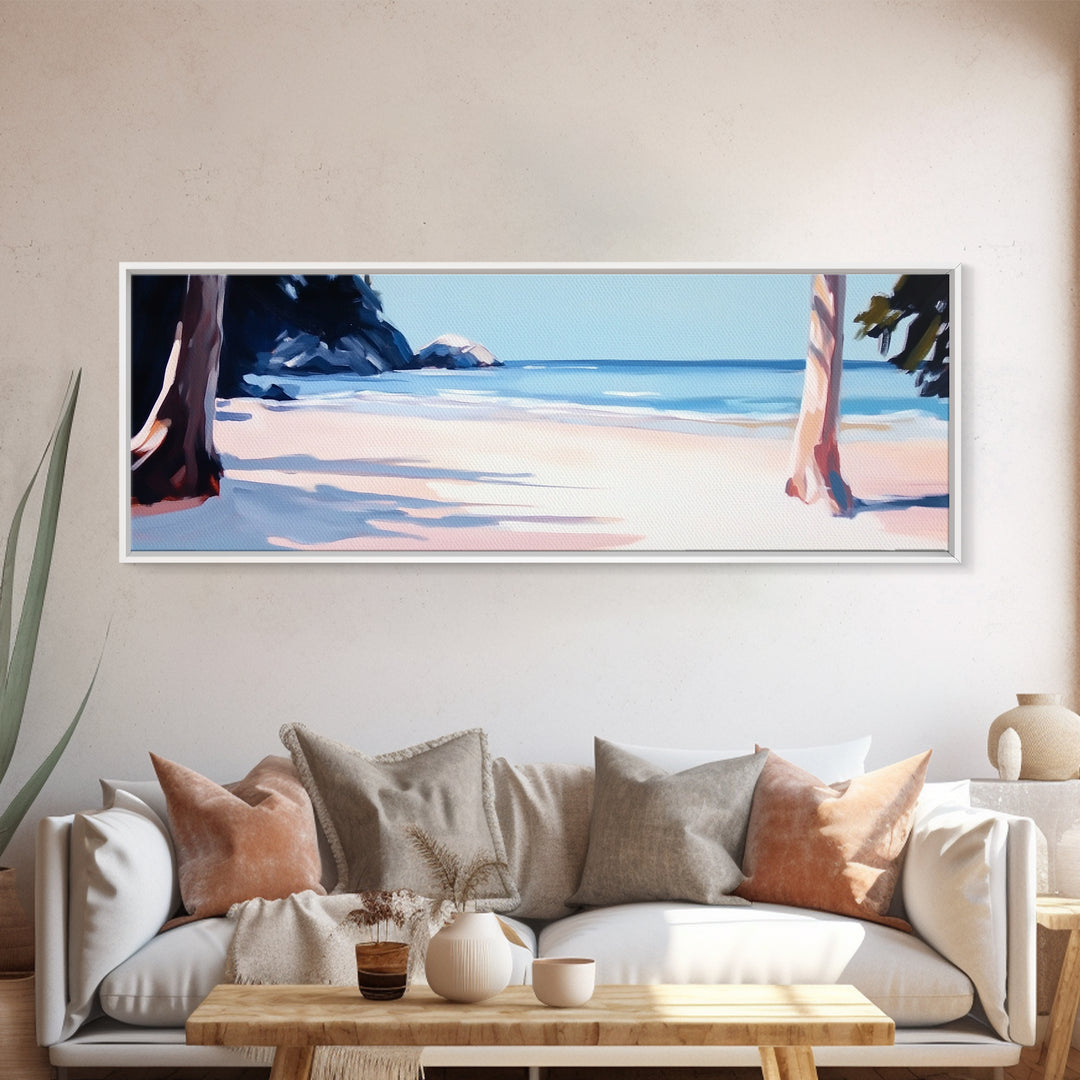 Beach Scene, Palm Trees, Blue Ocean, Canvas Print, Coastal Wall Art, Minimalist Landscape, Living Room Decor, Relaxing Home Aesthetic
