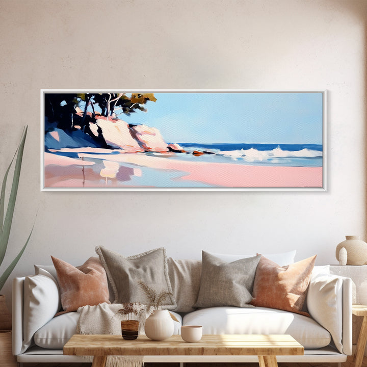 Cliffs, Waves, Pink Sand, Framed Canvas Print, Seascape Wall Art, Coastal Home Decor, Ocean Scene, Pastel Aesthetic, Relaxing Landscape