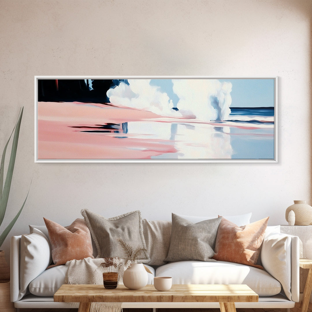 Crashing Waves, Pink and Blue, Coastal Art, Modern Wall Decor, Beach House Aesthetic, Minimalist Surf Art, Canvas Print, Serene Seascape