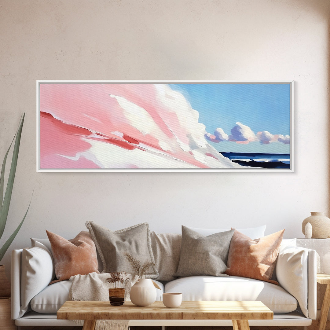 Rolling Waves, Soft Pastel, Modern Coastal Art, Minimalist Ocean Print, Blue and Pink Decor, Relaxing Beach Scene, Canvas Print