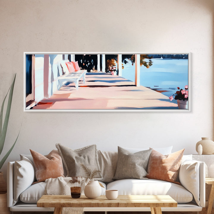 Lakeside Porch, Cozy Home Art, Summer House Aesthetic, Rustic Elegance, Pink and Blue Decor, Warm Vibes, Canvas Print, Relaxing View