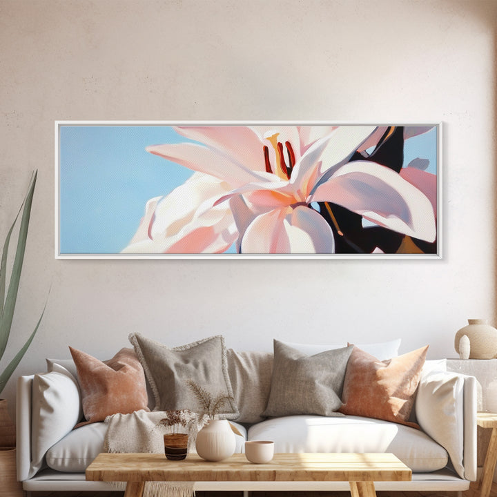 Blooming Lily, Floral, Nature, Framed Canvas Print, Botanical Wall Art, Pastel Home Decor, Feminine Aesthetic, Living Room Wall Art