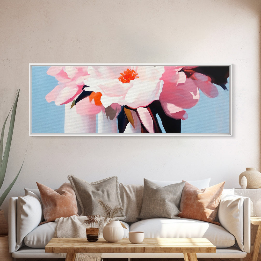 Pink Peonies, romantic floral wall art, modern botanical print, feminine home decor, shabby chic style, framed canvas print, bedroom art