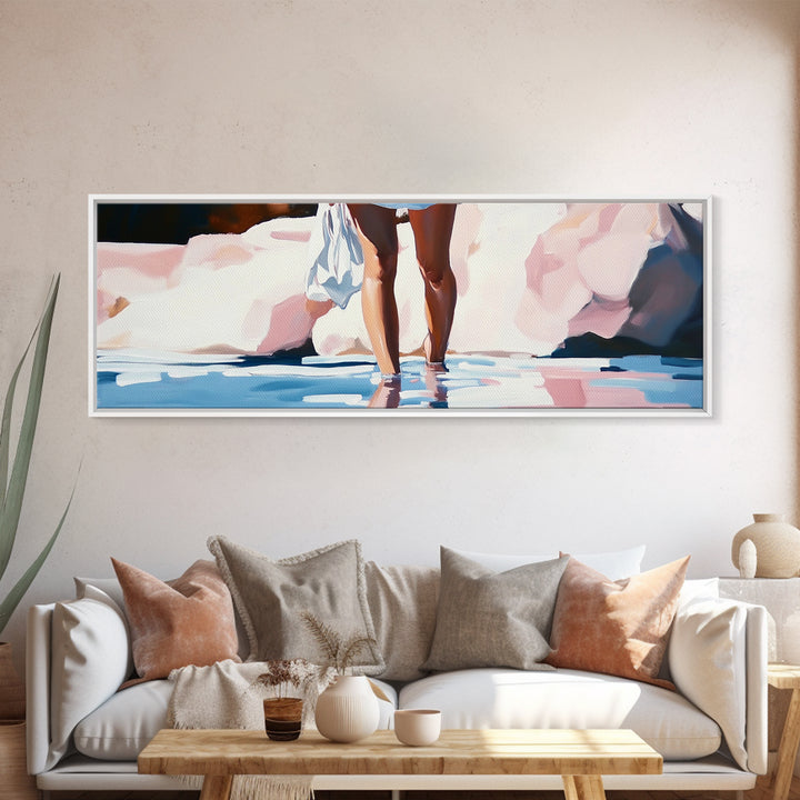 Beach Reflection, Coastal Art, Bedroom Wall Art, Framed Canvas Print, Soft Pastel Tones, Modern Painting, Boho Beach Aesthetic
