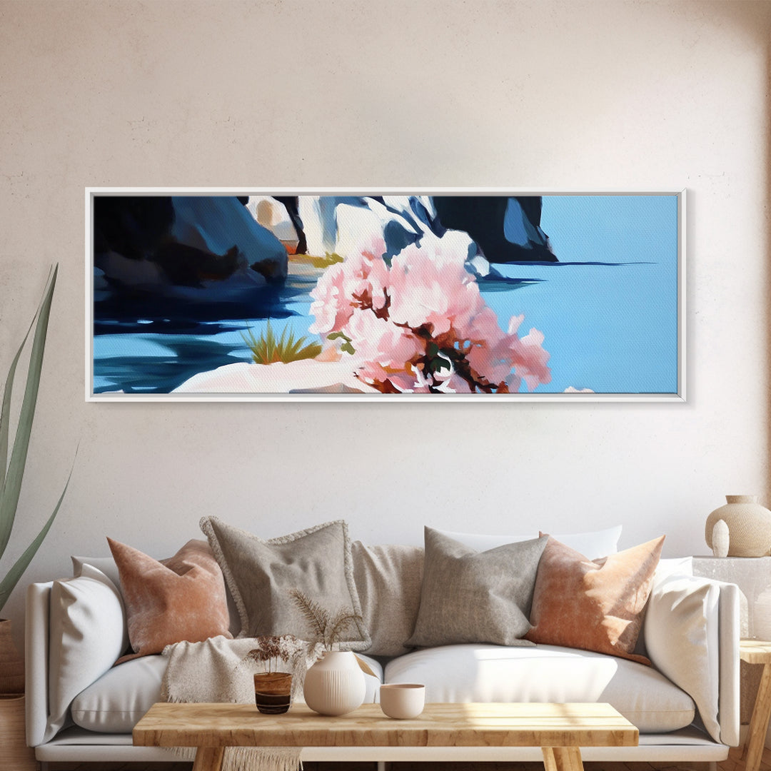 Blossoming Coast, Floral Wall Art, Living Room Decor, Canvas Print, Nature-Inspired Artwork, Coastal Aesthetic, Spring Botanical Art