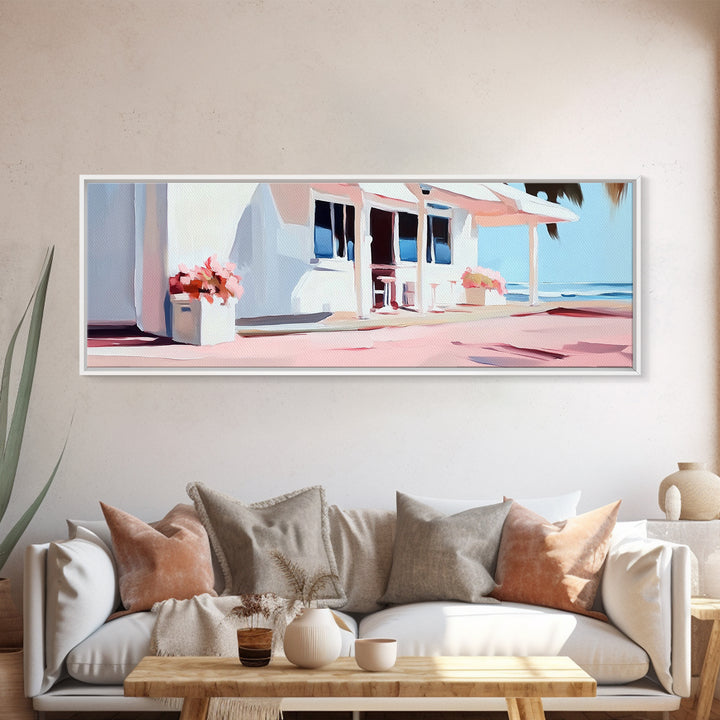 Coastal Café, Beachfront House, Ocean Breeze, Minimalist Canvas Print, Living Room Wall Art, Nautical Home Decor, Modern Coastal Art