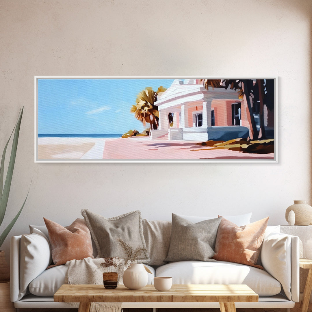 Beach House, Coastal Art, Modern Seascape, Framed Canvas Print, Living Room Wall Art, Pastel Ocean, Minimalist Decor, Nautical Home