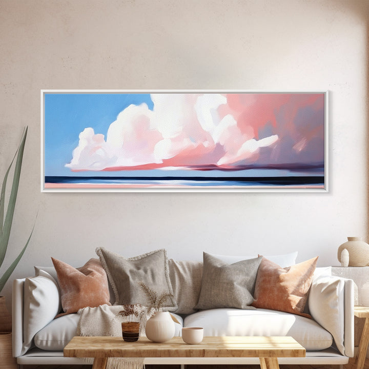 Cloudy Horizon, Sunset Beach, Pastel Sky, Canvas Print, Modern Seascape, Relaxing Coastal Wall Art, Dreamy Ocean Decor, Minimalist