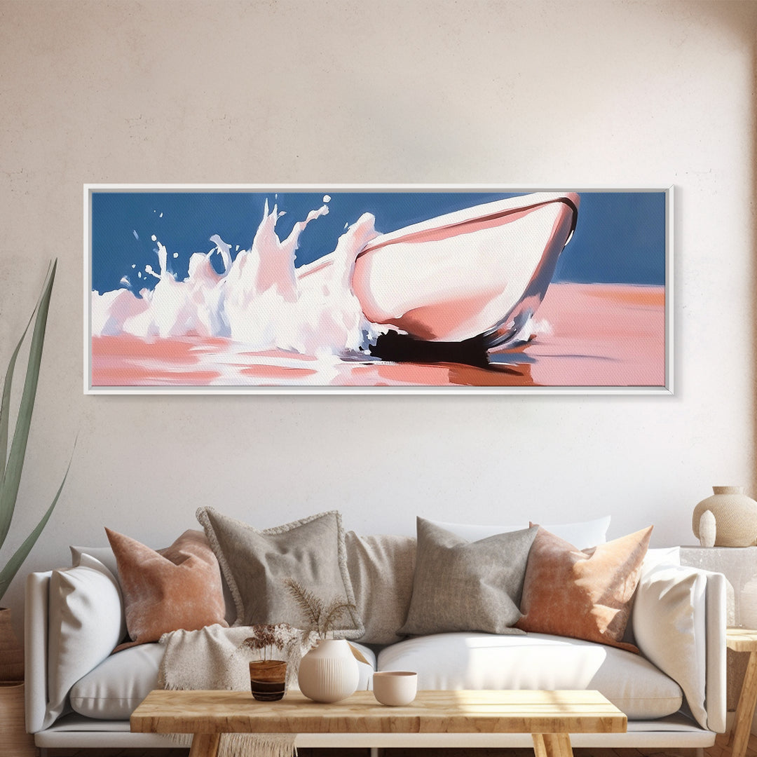 Boat Splash, Ocean Motion, Nautical Art, Framed Canvas Print, Coastal Wall Decor, Relaxing Beach Scene, Minimalist Seascape