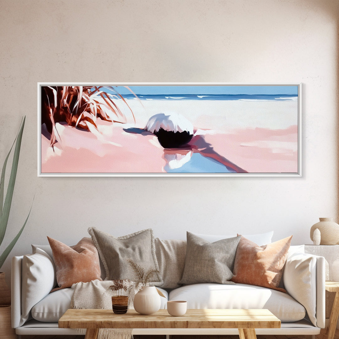 Romantic Beach Scene, Coastal Wall Art, Sunset Ocean Painting, Pastel Beach Framed Canvas Print, Living Room or Office Art
