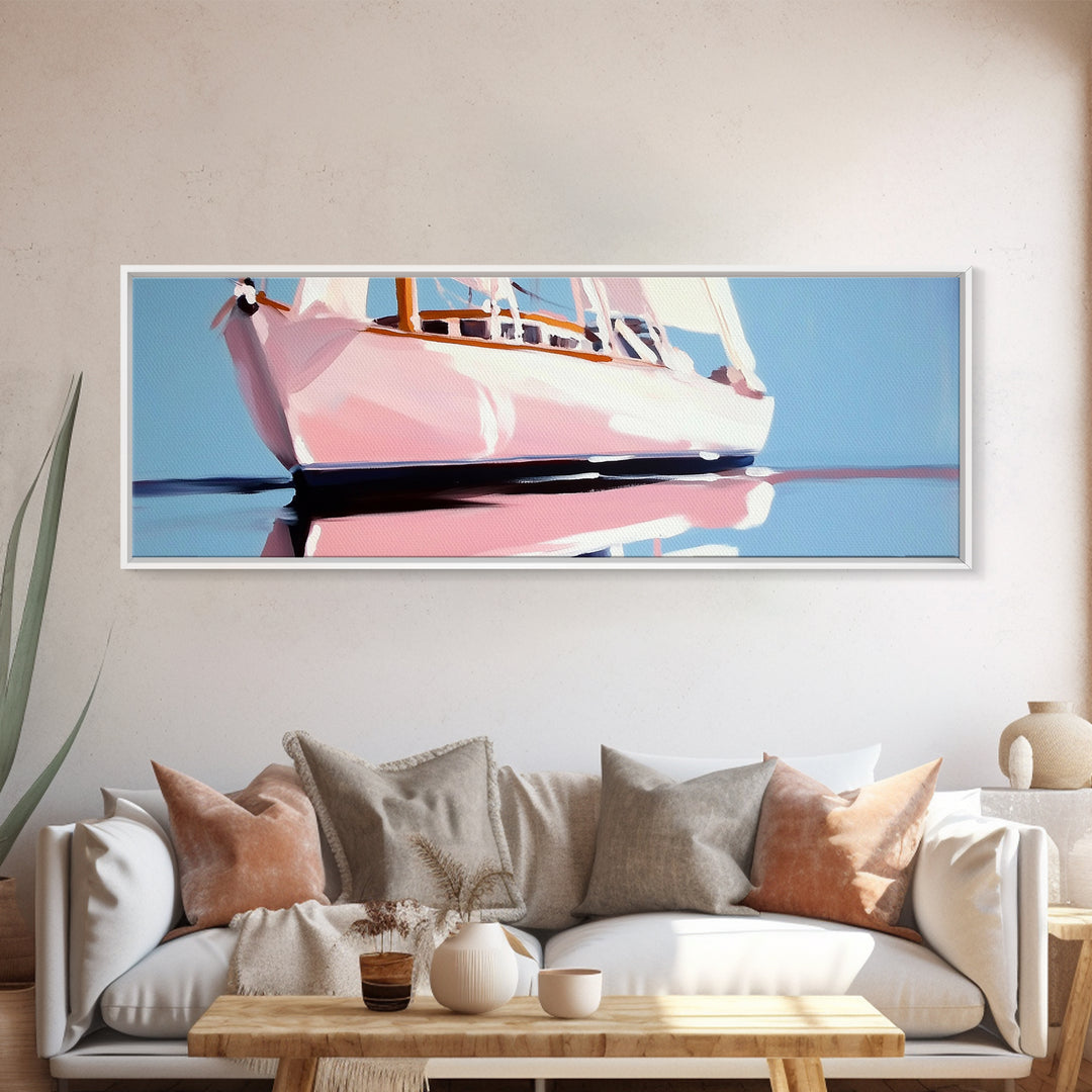 Nautical Boat Art, Ocean Sailing Painting, Coastal Framed Canvas Print, Minimalist Wall Decor, Blue Seascape Artwork, Beach House Style
