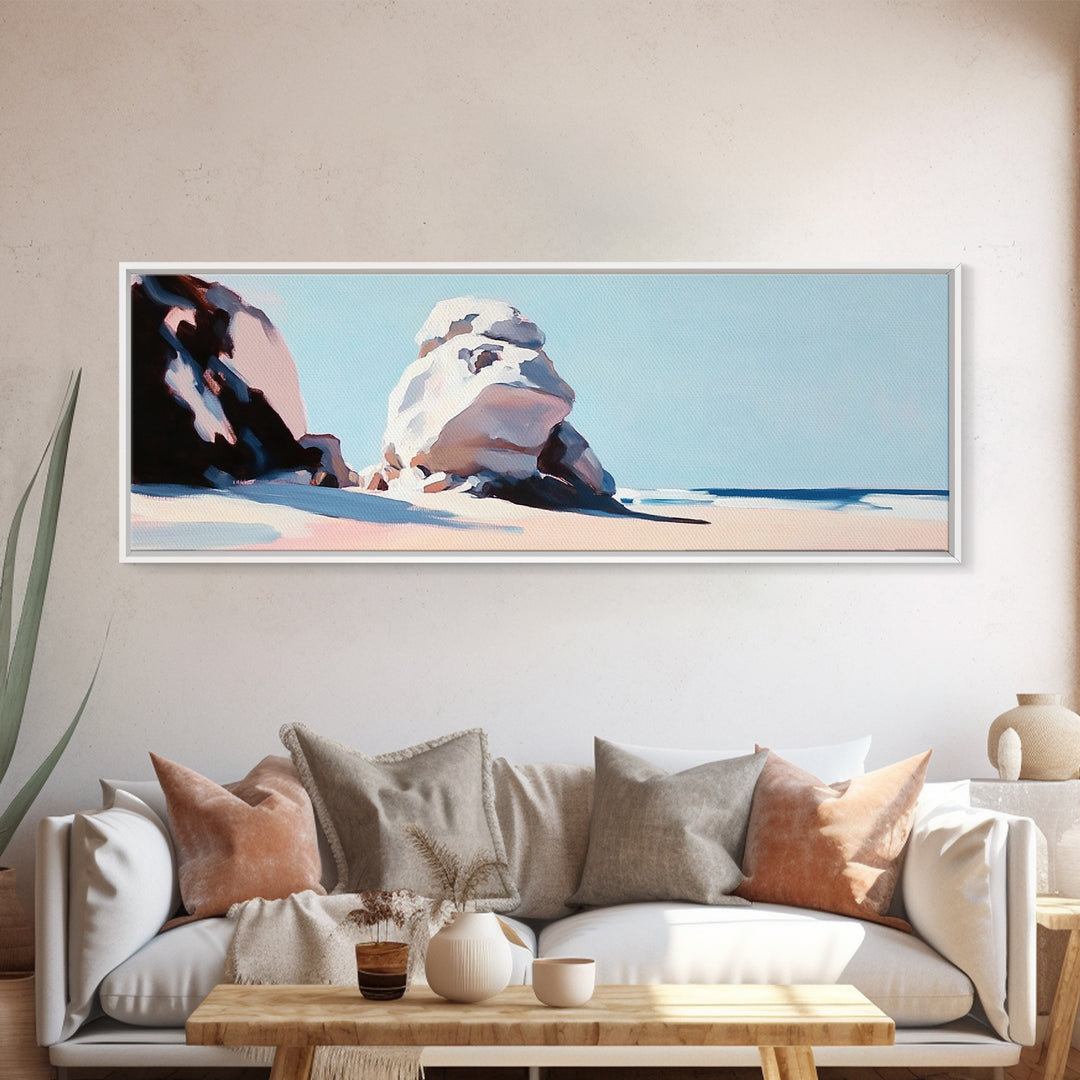 Ocean Rock Formation, Coastal Landscape, Serene Beach Scene, Minimalist Nature Art, Living Room Decor, Tranquil Canvas Print