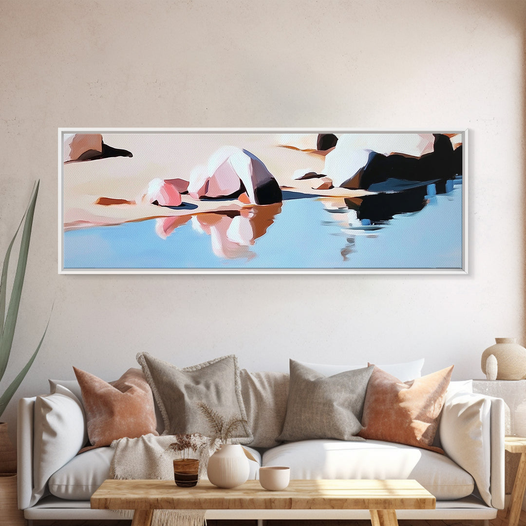 Coastal Rocks, Beach Reflection, Seascape Painting, Pastel Shoreline Art, Minimalist Nautical Decor, Living Room Art, Framed Canvas Print