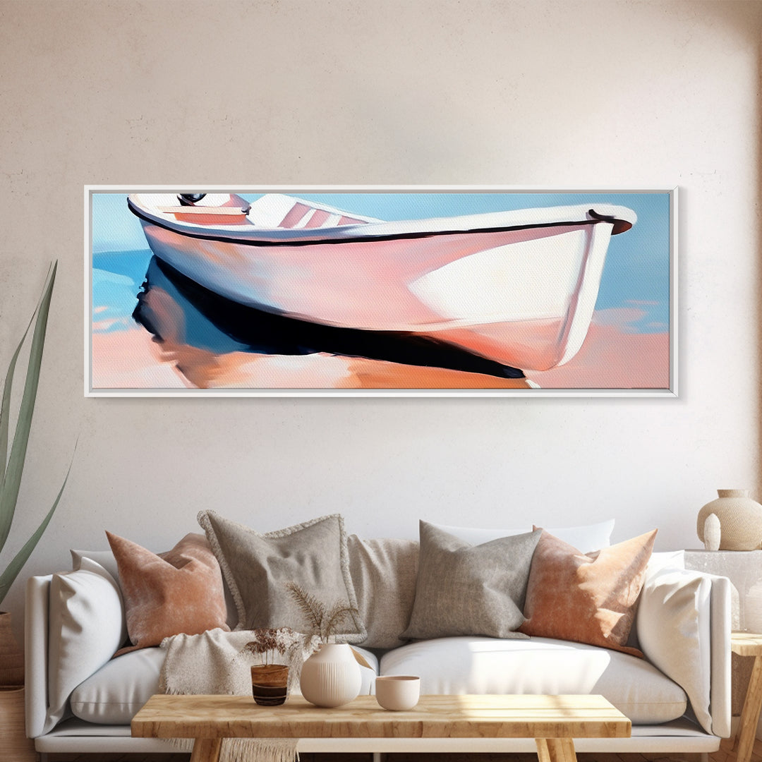 Rowboat on Shore, Nautical Scene, Pastel Coastal Art, Minimalist Ocean Print, Beach House Decor, Serene Wall Art, Canvas Print