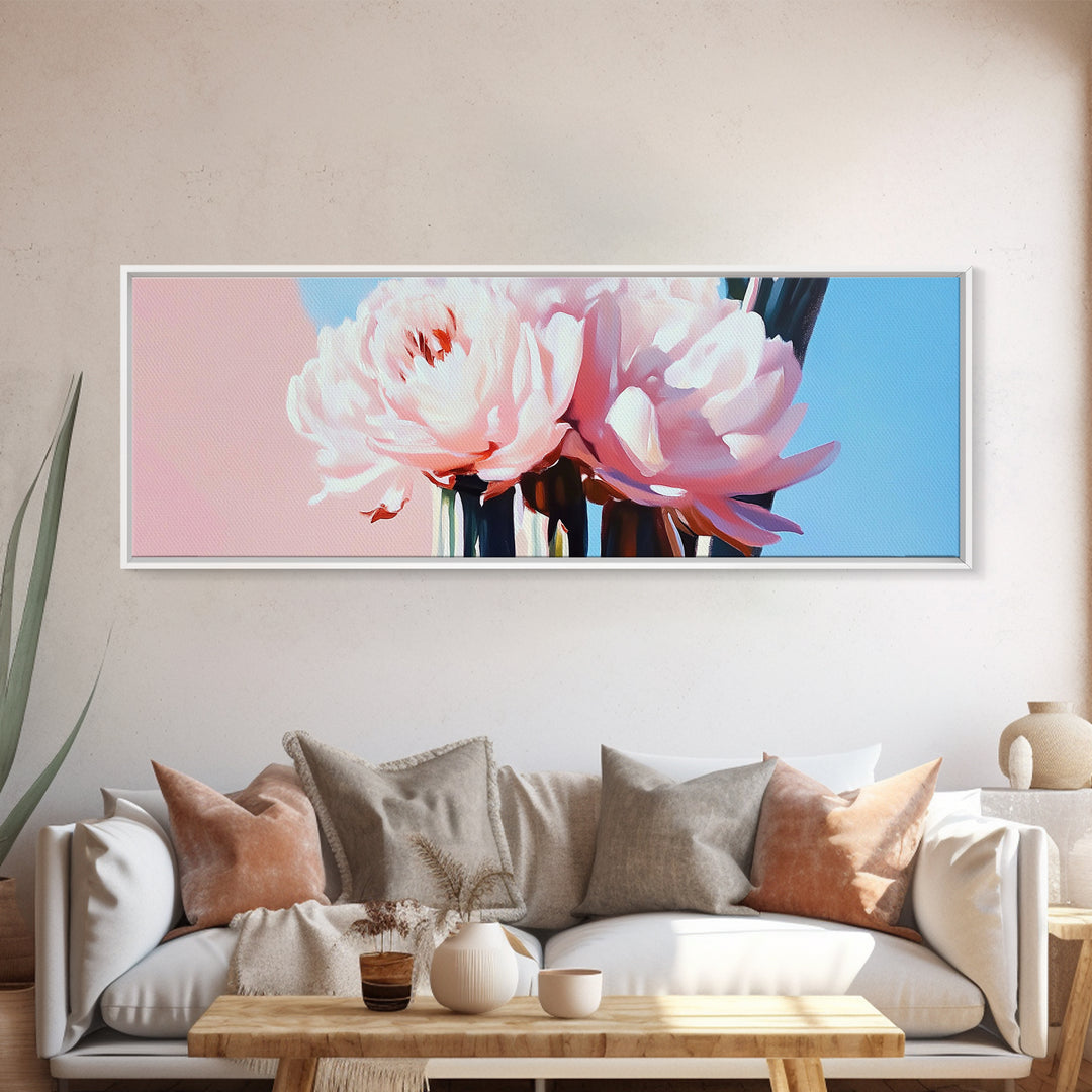 Peony Blooms, Pastel Wall Art, Feminine Aesthetic, Romantic Decor, Framed Canvas Print, Boho Bedroom Art, Floral Artwork
