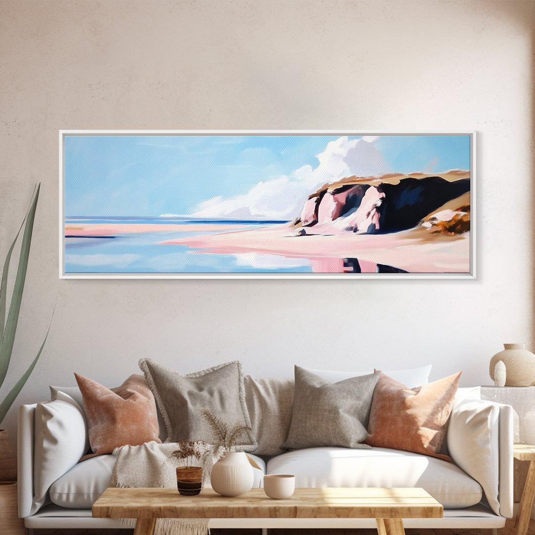 Coastal Landscape, Beach Wall Art, Ocean Painting, Pastel Seascape, Living Room Decor, Minimalist Art, Framed Canvas Print