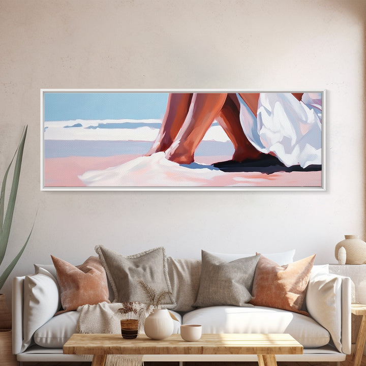 Romantic Beach, Ocean Waves, Coastal Painting, Minimalist Seascape, Pastel Sand Art, Nautical Wall Decor, Bedroom Art, Framed Canvas Print