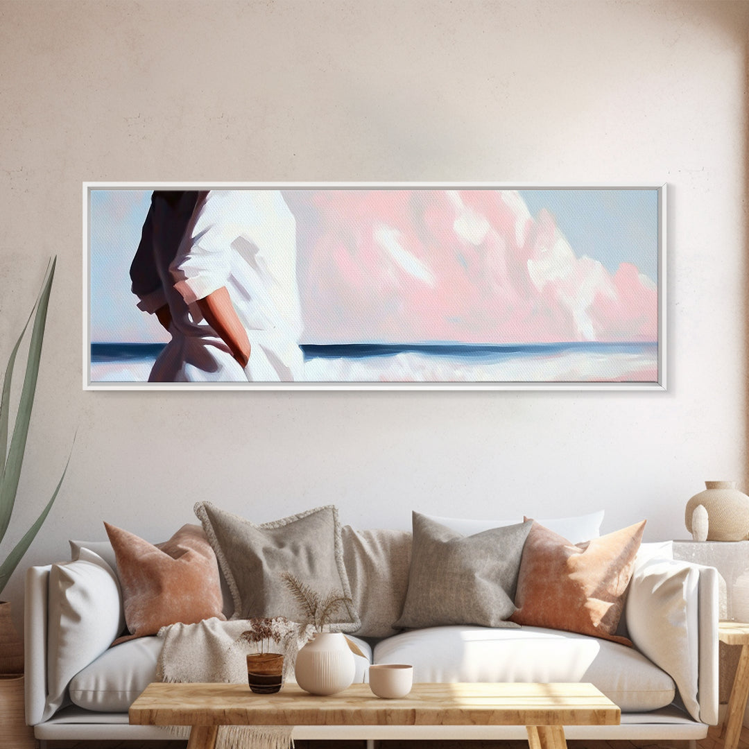 Beach Walk, Ocean Breeze, Pastel Sky, Dreamy Coastal Art, Soft Feminine Aesthetic, Framed Canvas Print, Bedroom Wall Art, Minimalist Decor