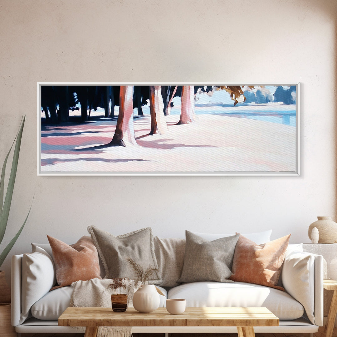 Beach Trees, Sunset Glow, Seaside Landscape, Coastal Art, Pastel Aesthetic, Framed Canvas Print, Living Room Art, Serene Escape