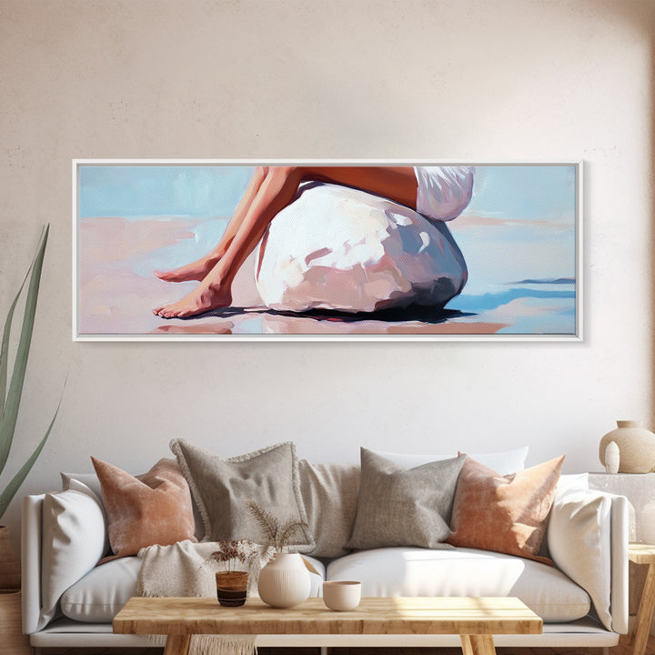 Beach Serenity, Woman Relaxing, Coastal Aesthetic, Framed Canvas Print, Minimalist Art, Boho Decor, Bedroom Wall Art, Summer Art