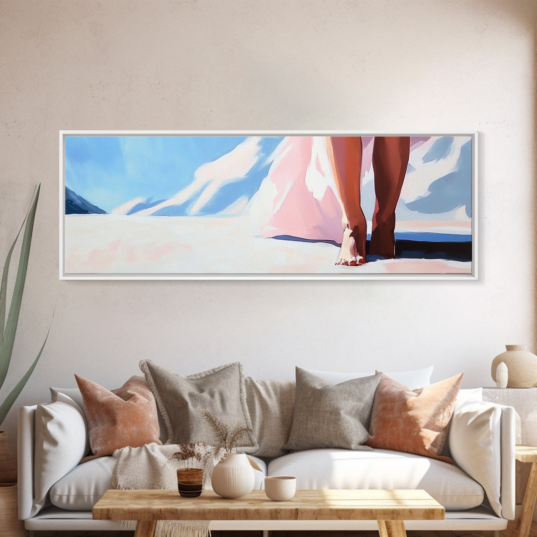 Barefoot Walk, Snowy Path, Winter Serenity, Canvas Print, Soft Pastel Art, Minimalist Aesthetic, Cozy Wall Art, Feminine Decor
