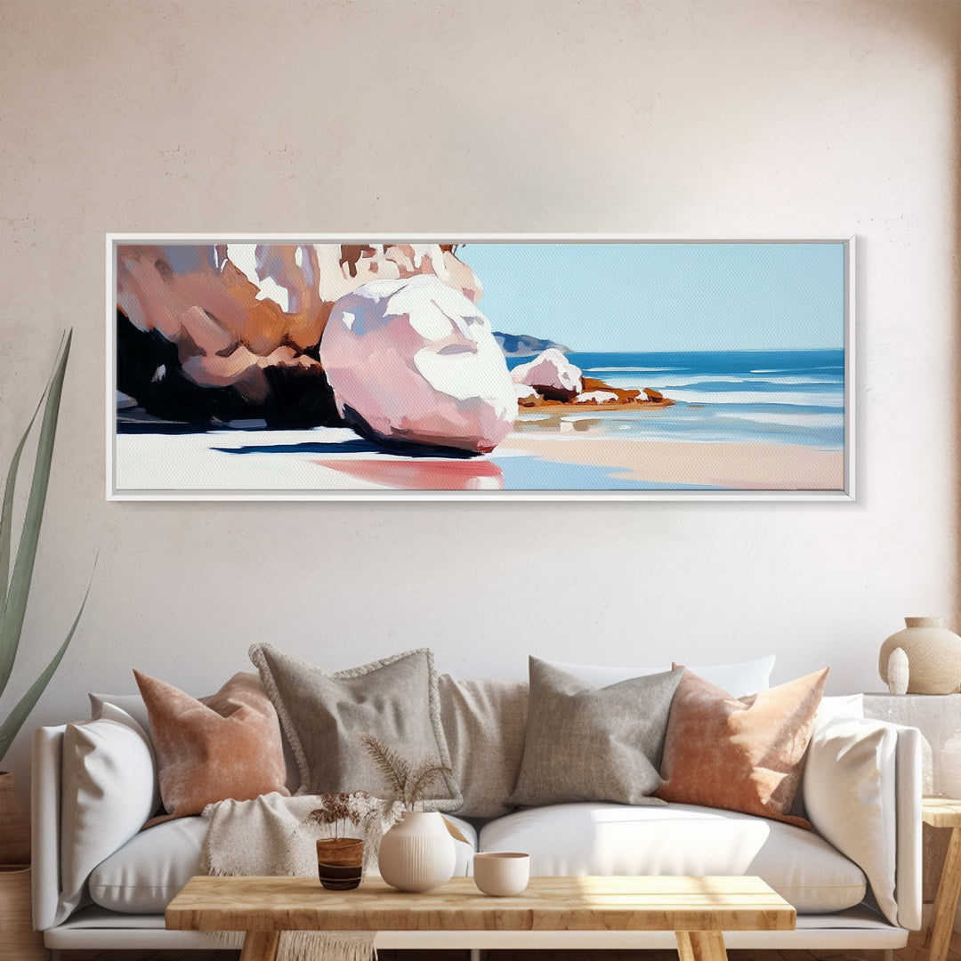 Beach Boulders, Coastal Landscape, Tranquil Escape, Framed Canvas Print, Ocean Wall Art, Boho Decor, Relaxing Seaside Painting