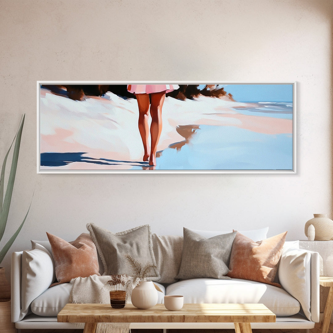 Romantic Reflection, Sand and Sea, Dreamy Pastels, Framed Canvas Print, Coastal Art, Beach House Decor, Serene Aesthetic Painting