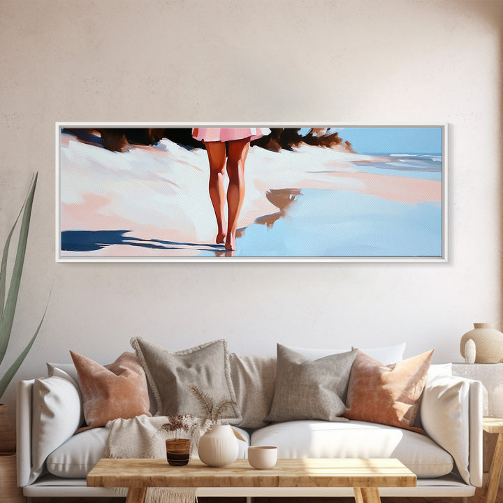 Romantic Reflection, Sand and Sea, Dreamy Pastels, Framed Canvas Print, Coastal Art, Beach House Decor, Serene Aesthetic Painting