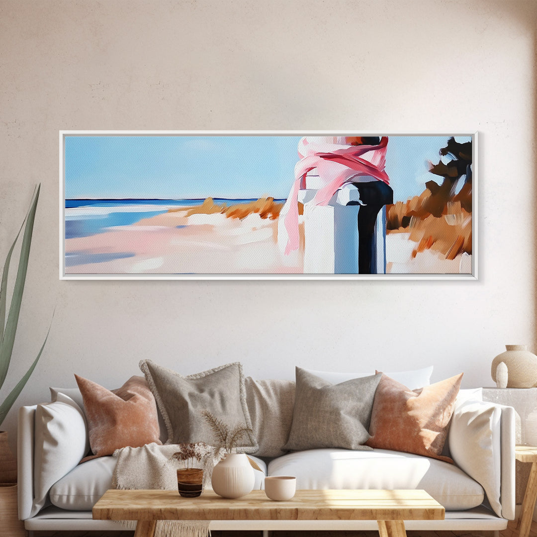 Coastal Fence Art, Beach Landscape Print, Pastel Ocean Painting, Minimalist Seaside Decor, Large Canvas Print, Modern Home Wall Art