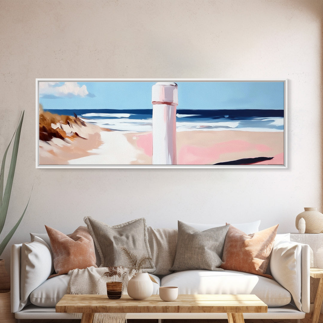 Beach Fence Painting, Coastal Scene Print, Ocean Art, Minimalist Seascape, Large Canvas Print, Living Room Wall Decor, Nautical Art