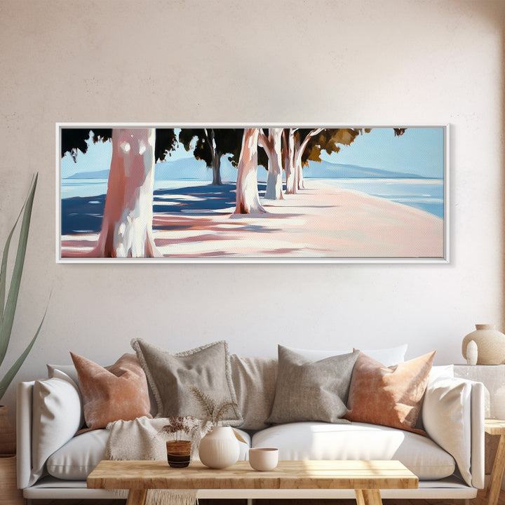 Tree Lined Path, Coastal Art, Scenic Landscape, Framed Canvas Print, Office Wall Art, Minimalist Nature Decor, Modern Impressionism