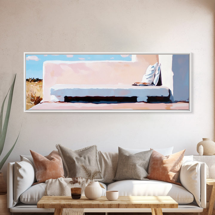 Desert Bench, Cozy Minimalist, Soft Neutral Tones, Boho Retreat, Modern Home Decor, Canvas Print, Living Room Wall Art, Earthy Tones