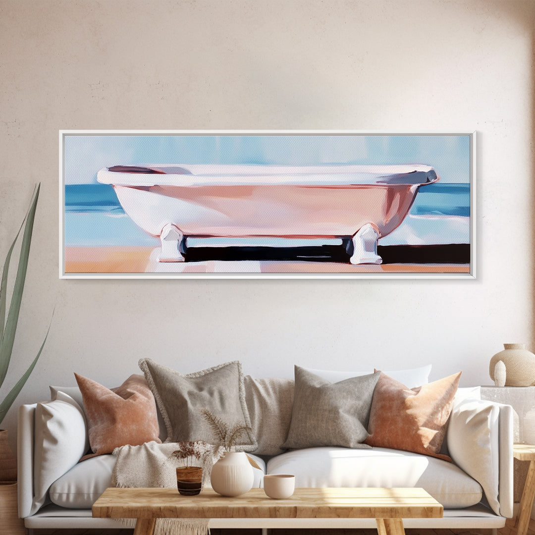 Clawfoot Tub, Coastal Art, Bathroom Wall Art, Modern Decor, Minimalist Painting, Ocean Art, Beach House, Framed Canvas Print