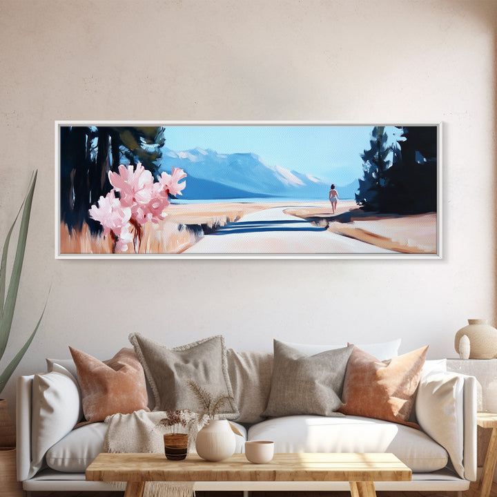 Mountain Retreat, Floral Path, Nature Art, Serene Landscape, Rustic Home Decor, Framed Canvas Print, Warm Neutrals, Modern Wall Art