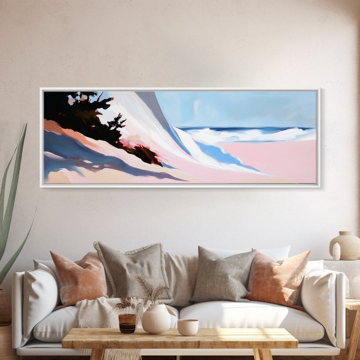 Ocean Breeze, Cliffside Waves, Coastal Landscape, Living Room Art, Nautical Decor, Minimalist Aesthetic, Framed Canvas Print, Blue Hues