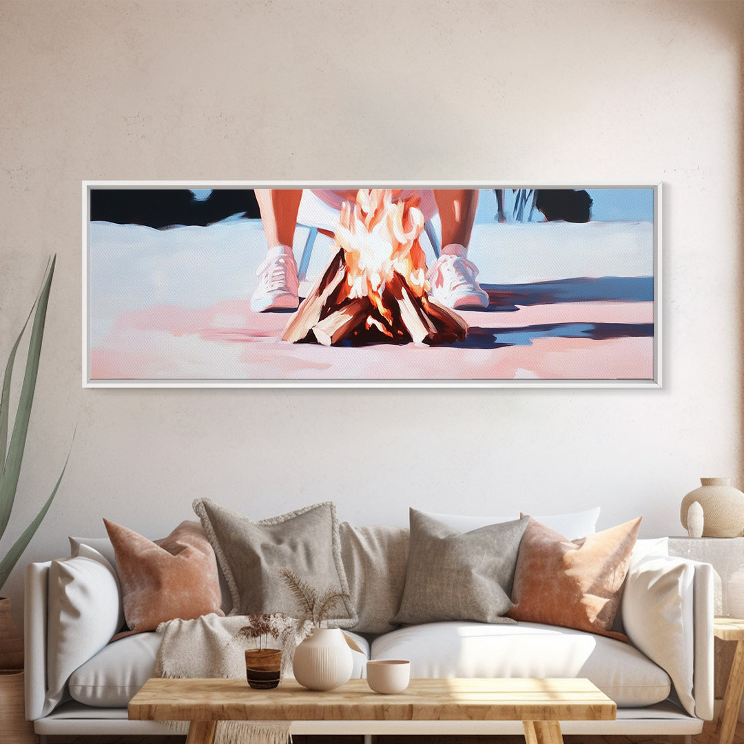Campfire Scene, Autumn Night Art, Outdoor Adventure, Canvas Print, Rustic Home Decor, Cozy Warmth, Minimalist Fire Painting