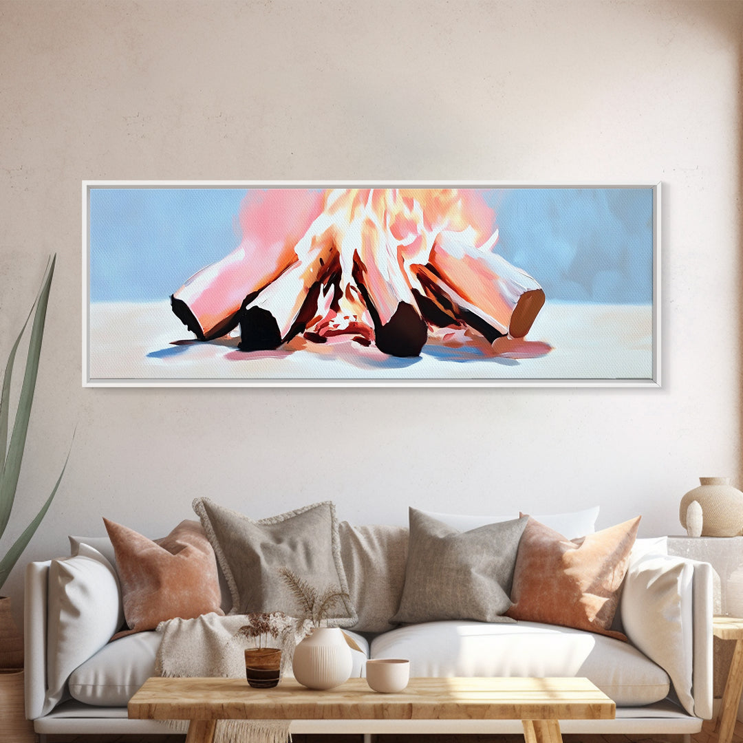 Burning Logs, Cozy Fireplace Art, Rustic Home Wall Decor, Framed Canvas Print, Warm Tones, Cabin Aesthetic, Relaxing Fire Art