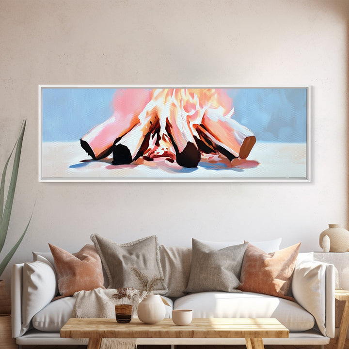 Burning Logs, Cozy Fireplace Art, Rustic Home Wall Decor, Framed Canvas Print, Warm Tones, Cabin Aesthetic, Relaxing Fire Art