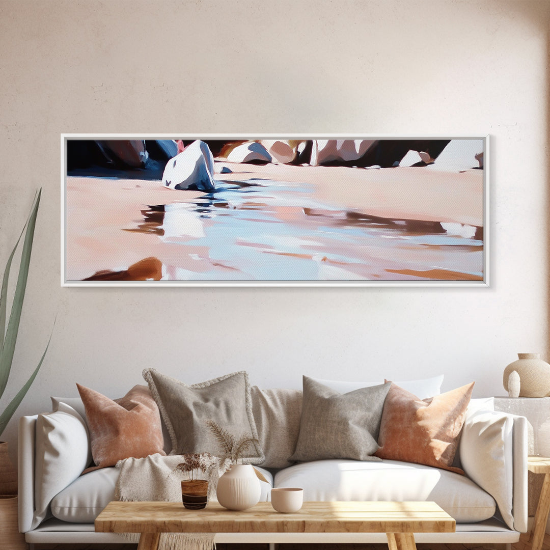 River Rocks, Water Reflection, Nature Landscape, Framed Canvas Print, Earthy Wall Art, Minimalist Zen Painting, Calming Home Decor