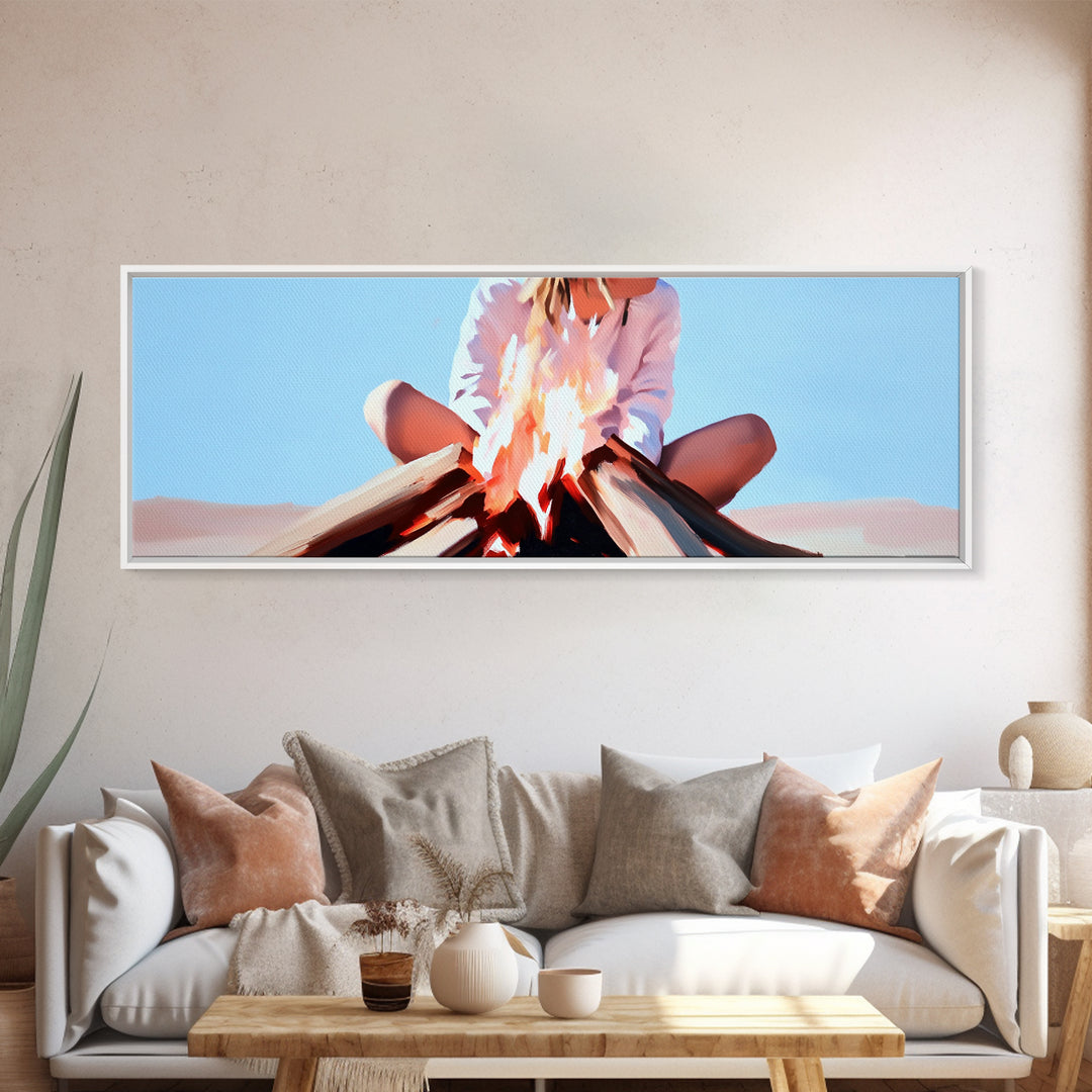 Bonfire Moment, Autumn Night Scene, Outdoor Living Art, Canvas Print, Warm Cozy Decor, Minimalist Fire Painting, Boho Aesthetic