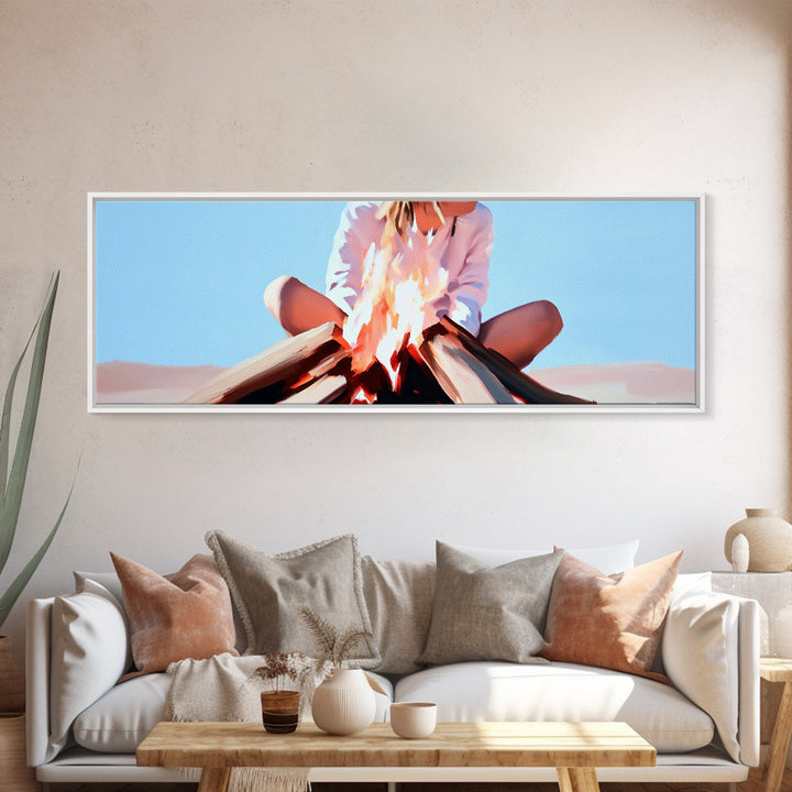 Bonfire Moment, Autumn Night Scene, Outdoor Living Art, Canvas Print, Warm Cozy Decor, Minimalist Fire Painting, Boho Aesthetic