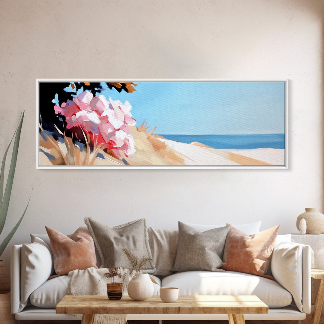 Beach Flowers, Coastal Blossoms, Summer Landscape, Framed Canvas Print, Boho Wall Art, Seaside Painting, Nature Home Decor