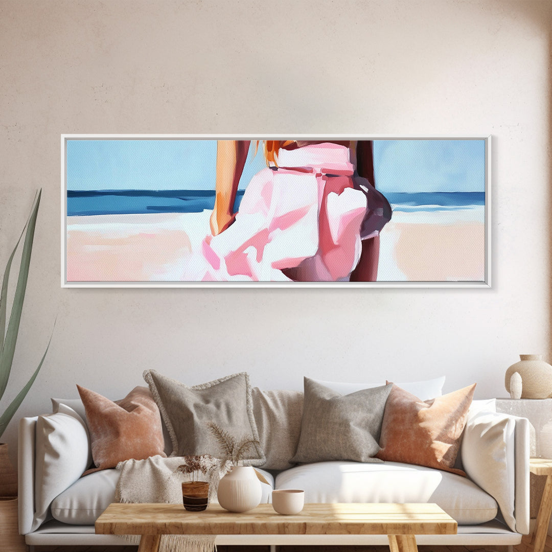 Beach Walk, Soft Waves, Feminine Coastal, Romantic Seascape, Framed Canvas Print, Boho Art, Bedroom Wall Art, Minimalist Aesthetic